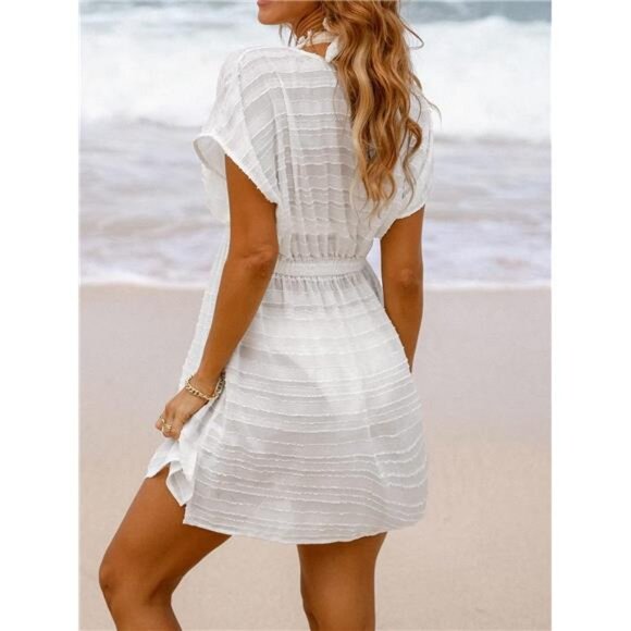 Women's Swim Cover Up Dress V Neck Textured Striped Short Sleeve Cover Ups - Picture 3 of 7